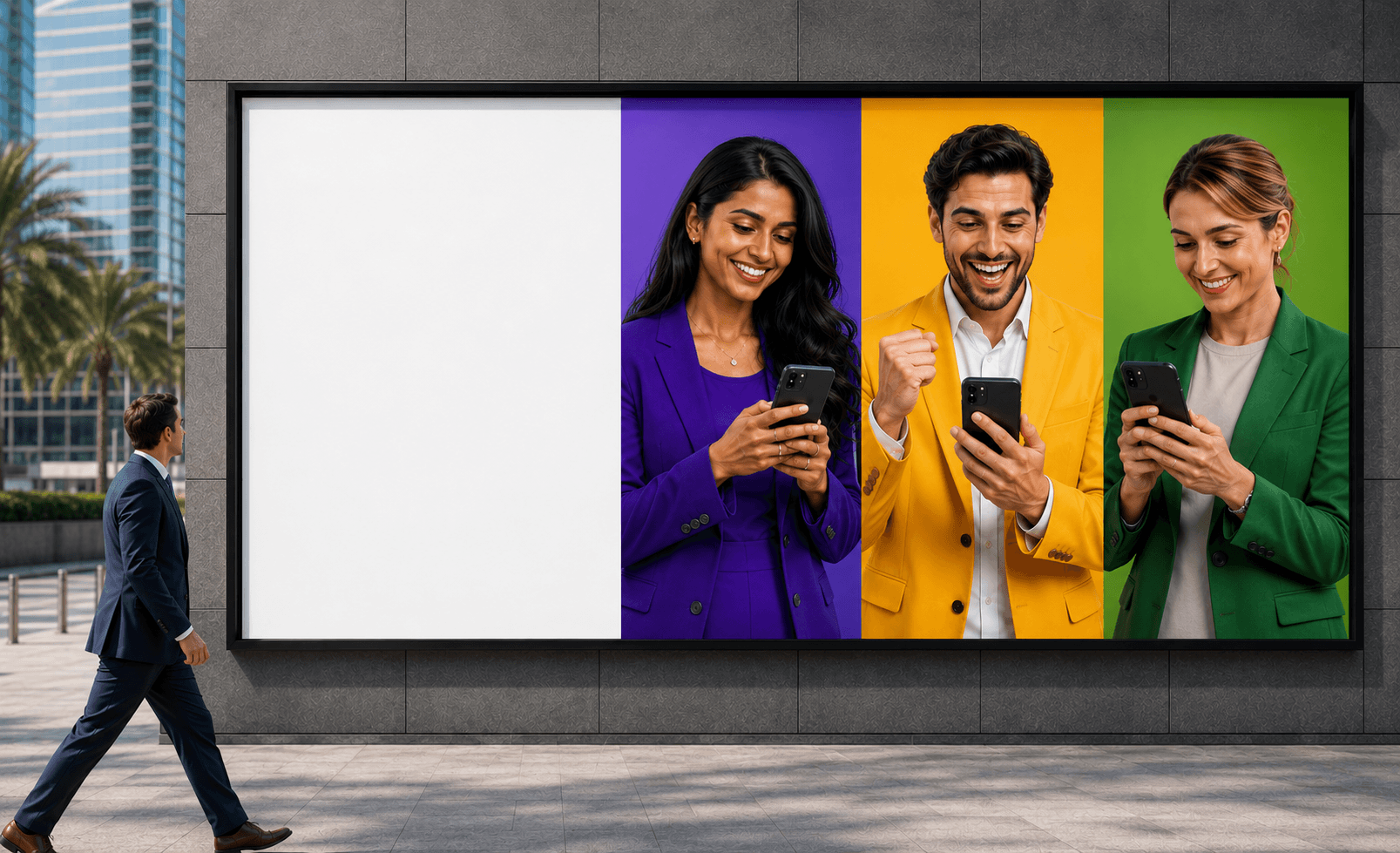Listi.ae billboard in Dubai showing professionals getting referrals on their phones